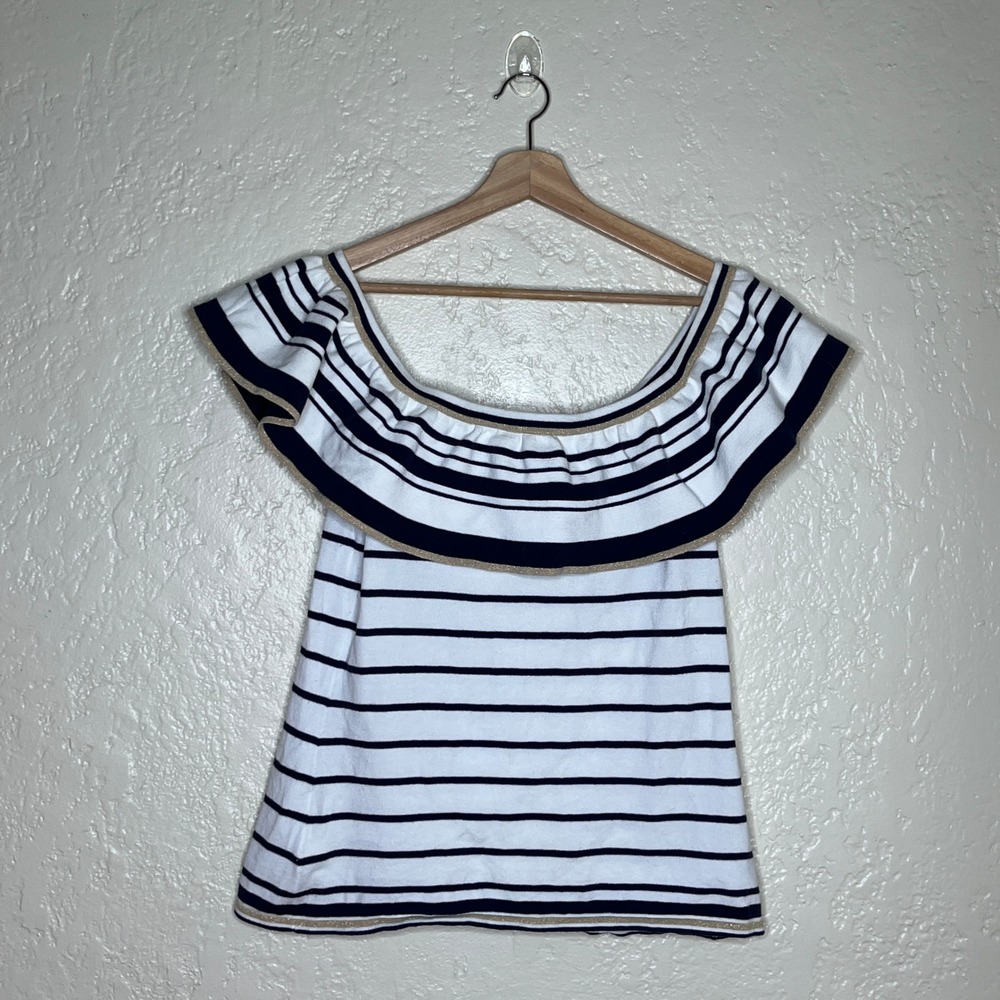 Lilly Pulitzer Perelle Off Shoulder Stripe Ruffle Sweater Top Navy Gold Large - Picture 3 of 8